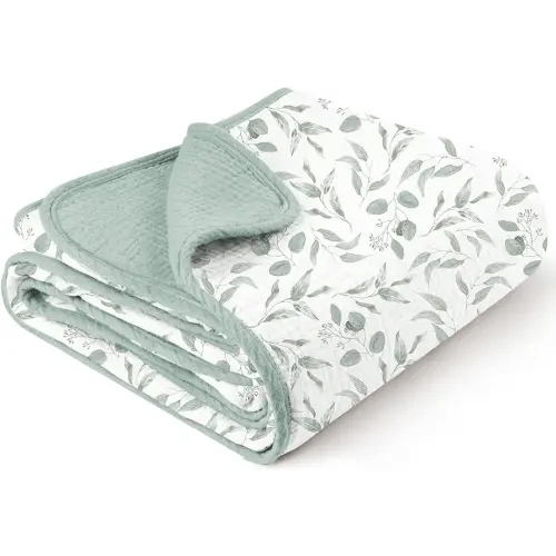 Konssy Muslin Baby Blankets for Girls Boys, 100% Cotton Crib Blanket for Infant Toddler, Super Soft and Lightweight Nursery Swaddling Wrap 40"x36" (Green Leaves)