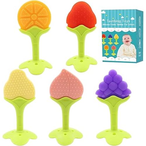 5 PCS Baby Teething Toys, Bagvhandbagro Soft Fruit Teething Toys for Babies 0-6 Months 6-12 Months, Silicone Baby Teethers Stick Freezer Safe for Infants and Toddlers