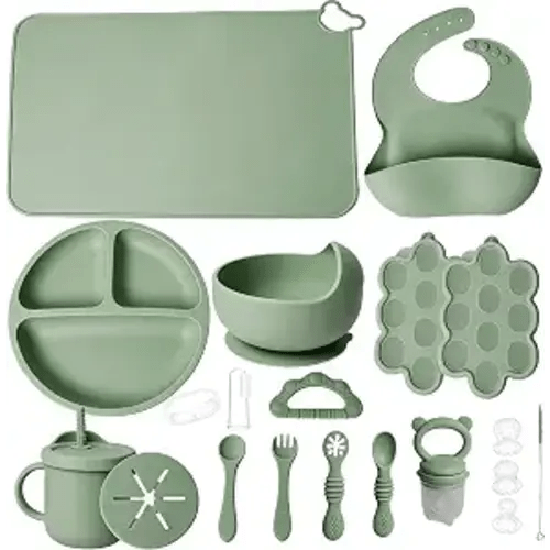 19 Pcs Silicone Baby Feeding Set Eating Essentials for Newborn | Toddler Plates and Bowls Set with Bib Sippy Cup Fruit Feeder Freezer Tray Fork & Spoon Infant Led Weaning Supplies Utensils