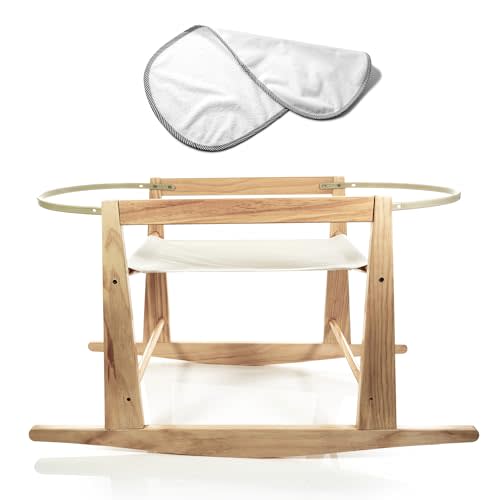 Moses Basket Stand - Wooden Rocking Moses Basket Stand for Baby Bassinets - Adjustable Bassinet Rocker Crafted From Natural Wood - Perfect For Newborns - Includes Bonus Change Mat -Basket Not Included