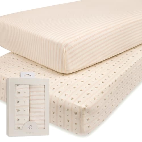 Ely’s & Co. Crib Sheets Baby Girl Fitted Crib Mattress Sheet Set, 2 Pack, 100% Jersey Knit Cotton, Infant and Toddler Nursery Bedding, Pink Linear Floral Collection, 28” x 52”