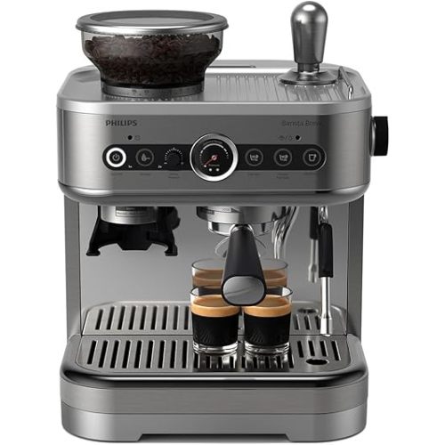 PHILIPS Barista Brew Semi Automatic Espresso Machine - Single & Double Espresso + Americano Button, 250g Bean Container + Grinder, Intuitive Guidance, Calibrated Tamping, Metal Silver (PSA3218/01)