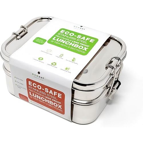 ecozoi Stainless Steel Lunch Box, Leak Proof, 2 Tier Rectangle with Bonus Pod & 3 Sections | Bonus Silicone Band to Convert to 3 Section Lunch Box for Portability