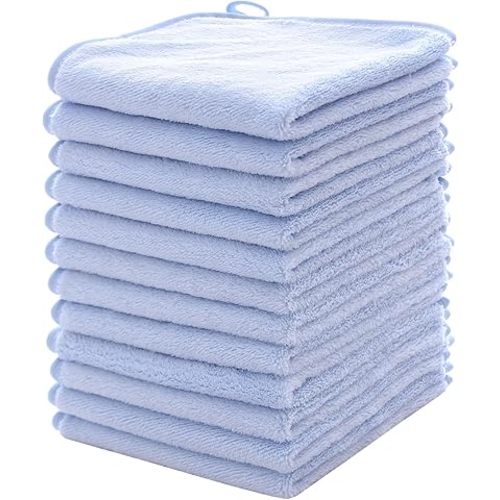 MUKIN Baby Washcloths Set - 12 Pack 12x12 Inches Microfiber Coral Fleece Face Towel for Newborns, Infant, Toddlers or Kids. Ultra Soft and Absorbent wash Cloth for Baby (Blue)