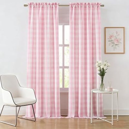 Pink White Buffalo Plaid Curtains for Girls Room,84 Inch Semi Sheer Farmhouse Drapes,Cottage Window Treatment for Bedroom Living Room,Rod Pocket,52" Wx84 L(Pack of 2)