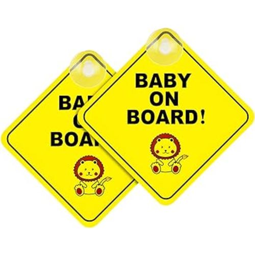 2PCS Baby on Board Sticker for Cars, 5" by 5" Warning Sticker Notice Board with Suction Cups, Waterproof Removable Child Safety Signs, Car Accessories Sign for Car Window Bumper Stickers (Lion)