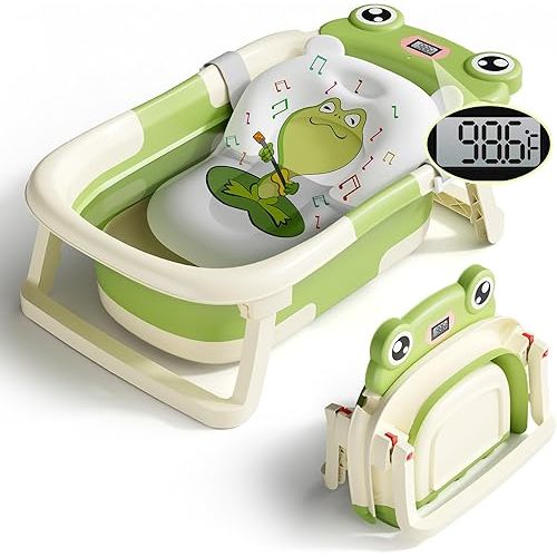 Baby Bathtub, Collapsible Newborn Bathtub for Infant to Toddler 0-24 Months with Soft Cushion and Thermometer,Portable Travel Newborn Tub with No-Slip Feet, Baby Shower Gifts,Green