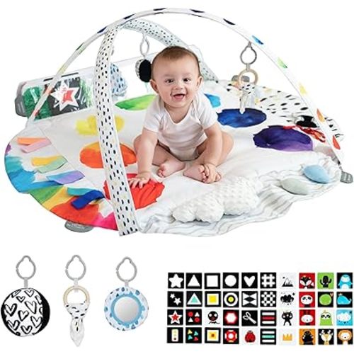 Baby Play Gym, 4 Zone Sensory & Motor Skills Development Activity Mat, Large 45" Padded Palette Play Mat for Newborn to Toddler with STEM Based Toys, Textures, Learning Cards