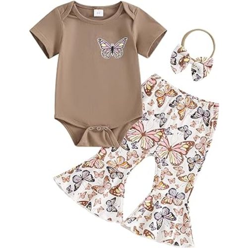 Kuriozud Newborn Baby Girl Bell Bottom Outfit Ruffle Romper Cute Bow Flare Pants Set Headband Cute Clothes