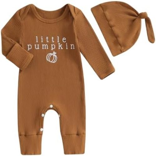 Sasaerucure Infant Baby Boy Halloween Clothes Knit Long Sleeve Onesie Newborn Boy Pumpkin Jumpsuit + Hat Set