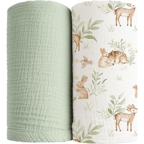 Konssy 2 Pack Muslin Swaddle Blankets, 100% Cotton Receiving Blanket Large 47 x 47 inches for Baby Boys Girls, Soft Breathable Muslin Baby Blanket for Newborn (Woodland,Sage)