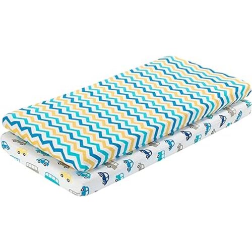 EVERYDAY KIDS 2 Pack Baby Cradle Sheets - Fitted Set for Baby Boy; 100% Cotton Jersey Knit, Breathable and Soft Cradle Mattress Pad Cover; Blue, Yellow, Gray Cars and Buses Sheet and Chevron Art Sheet