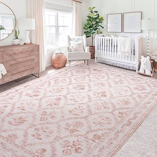 Pink Rugs for Bedroom Women Boho Light Blush Pink Floral Area Rugs Nursery for Baby Girl, Cute Foldable Machine Washable Distressed Carpet for Living Room Bedroom Dorm Kids Playroom
