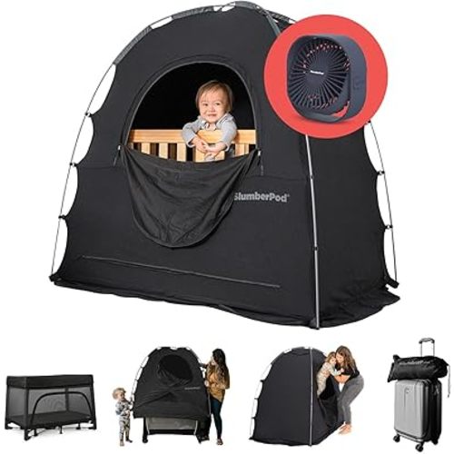 SlumberPod with Fan The Original Blackout Sleep Tent Travel Essential for Baby and Toddlers, Mini Crib and Pack n Play Cover, Sleep Pod with Monitor Pouch and Fan Pouch, Blocks 95%+ Light, Black