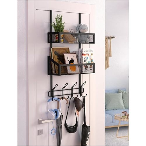 Over The Door Hooks Organizer Storage - Over The Door Hanger for Coat Rack, Storage with 12 Hook & 2 Mesh Baskets, for Bathroom,Bedroom,Kitchen,Office (2Tier Basket with 12 Hooks)