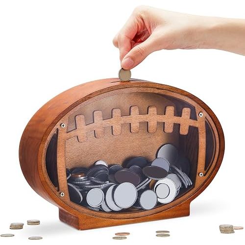 Wooden Football Piggy Bank for Kids Clear Piggy Bank with Transparent Window Cute Coin Box for Boys Girls and Adult Unbreakable Toddler Money Box for Christmas Birthday Sport Party Gift