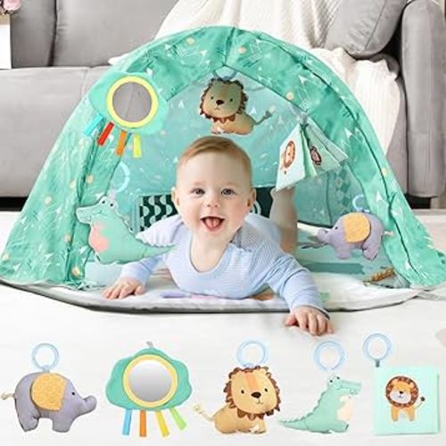 Baby Play Gym Mat with Tent, Activity Mat for Toddlers 0-6 Months, Washable Gym Playmat for Infants, Toddler Toys Birthday Gifts for Newborns 0-3-6-9-12-18 Months