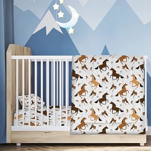 Horse 4 Piece Toddler Bedding Set with Cute Farm Animal - Includes Quilted Comforter, Fitted Sheet, Top Sheet, and Pillow Case for Girls Boys Bed