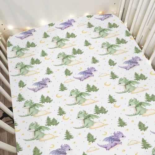 Fantasy Dragons Baby Crib Sheets for Boy Girl 28"x52" Fairytale Dragon Stars Trees Moon Clouds Soft Snug Fitted Crib Mattress Cover Cute Animal Nursery Baby Sheet for Crib & Toddler Bed Mattresses