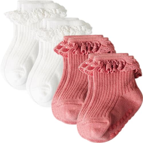 AQOKKA Baby Girl Toddlers Socks with Non-slip Grip Cute Frilly Ruffle Ankle Soft Cotton Newborn Baby Socks for Infant Kids