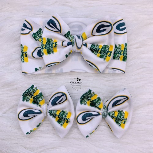 Green Bay Packers Football Printed Baby Girl Bows, Stretchy Headwrap, Headband, Micro Preemie, Newborn, Infant, Baby Toddler Packers Outfit