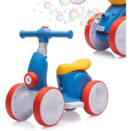 6V Electric Baby Balance Bike with Bubble Machine,4 in 1 Toddler Balance Bike w/Remote for 1 Year Old Boys Girls Kids Bubble Bike Ride on Toys w/Powered Motor,Music,LED Lights (Blue&Red)