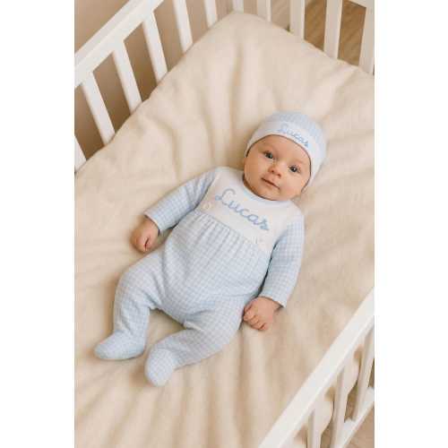 Personalized Pima Cotton Baby Boy Gingham Outfit with Name and Hat Custom Embroidered Newborn Sleeper Luxury Coming Home Baby Gift