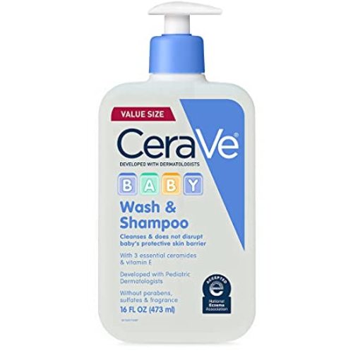 CeraVe Baby Wash & Shampoo, 2-in-1 Tear-Free for Skin Hair Fragrance, Paraben, Dye, Phthalates Sulfate Free Bath, Soap with Vitamin E 16 Ounce