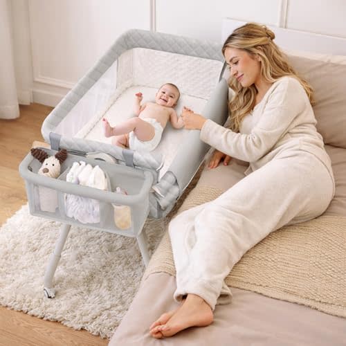 Baby Bassinet Bedside Crib for Newborn, 4-in-1 Baby Bassinet Bedside Sleeper with Mesh & Mattress, Easy Move Crib for Newborns with Lockable Wheels & Storage Basket, 4-Adjustable Height(Grey)