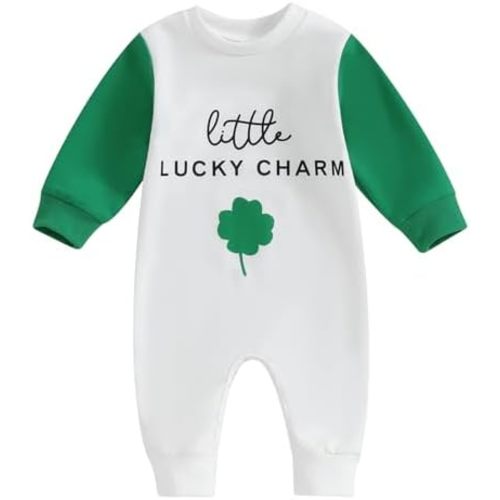Newborn Baby Girl Boy St Patricks Day Little Lucky Charm Jumpsuit Romper Long Sleeve Onesie Coming Home Outfit 0-18M