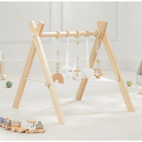 Comfy Cubs Wooden Baby Play Gym - Natural Finish Pinewood Baby Activity Gym with 5 Sensory Hanging Toys - Easy No-Tool Assembly, Safe and Durable for Infant Motor and Visual Development - Natural Wood