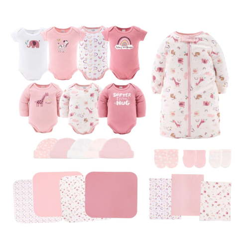 The Peanutshell Newborn Baby Layette Gift Set for Girls, Shower Gift Essentials, Pink Animals & Hearts
