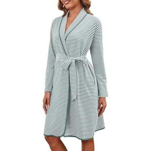 Cotton Robes for Women Striped Long Sleeve Kimono Bath Robe Lightweight House Coat Bathrobe Loungewear with Pockets