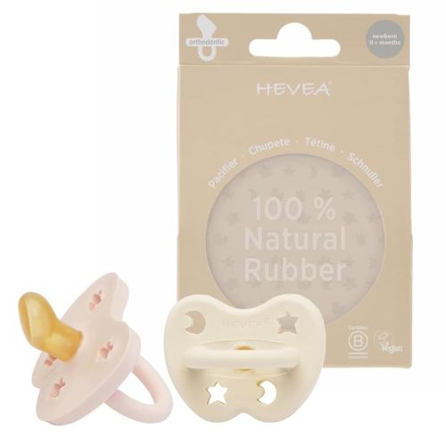HEVEA Natural Rubber Pacifier Orthodontic Newborn 0+ Months Two-Pack - Powder Pink & Milky White