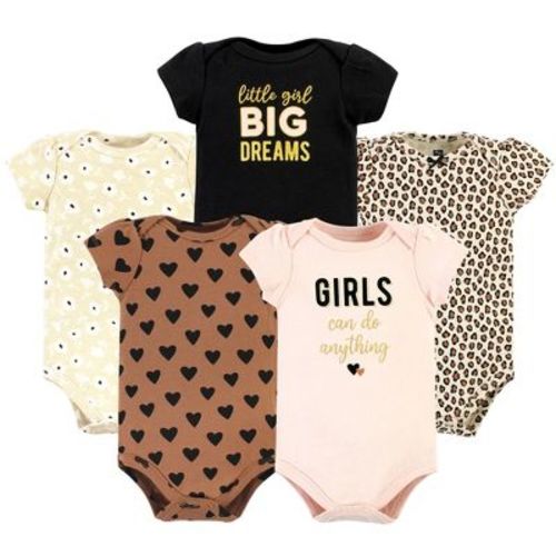 Hudson Baby Infant Girl Cotton Bodysuits, Cinnamon Hearts 5 Pack, 3-6 Months