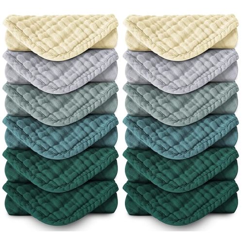 Muslin Burp Cloths 100% Cotton Large 20''x10'' Extra Soft and Absorbent Baby Wash Cloths Spit Up Rags - Baby Burping Cloth for Boys Girls Items(12 Pack Ivory, Slate and Emerald Series)