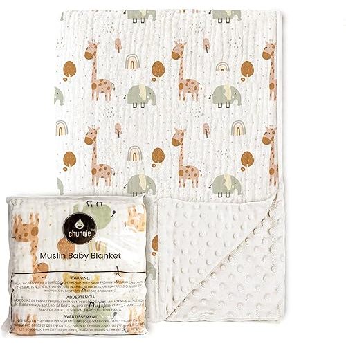 Chungie Soft Baby Blanket – 100% Cotton Muslin Front & Plush Minky Fleece Back, Multi-Layer Blanket for Baby Boys & Girls, 40x30 in Nursery Bed Blanket, Newborn & Toddler Use