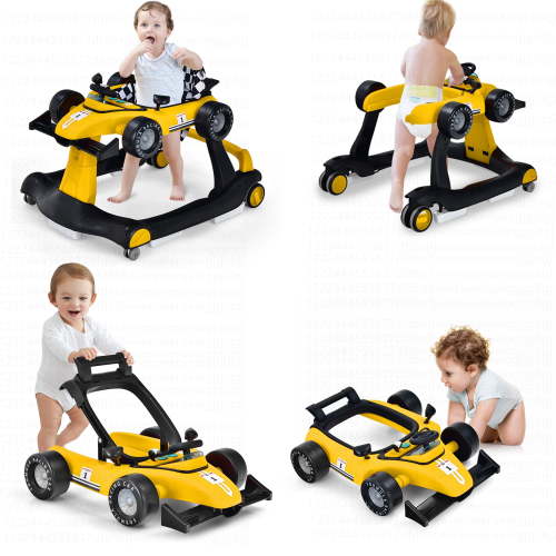 Costway 4-in-1 Unisex Baby Walker, Foldable Activity Push Walker with Rolling Wheels, Adjustable Height, Yellow