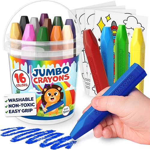 Jumbo Crayons For Toddlers 1-3 - 16pc Toddler Crayons For Kids Ages 4-8 1-3 2-4 - Easter Basket Essentials With Printed & PDF Color Sheets - Non Toxic, Washable Easter Basket Stuffers For Toddlers