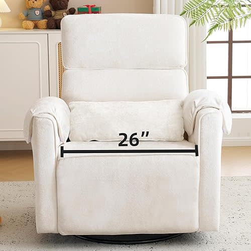 Oversized Power Recliner Chair, 26" Extra Wide Swivel Rocker Recliner with Adjustable Headrest, Chenille Glider Rocking Nursery Chair with Overstuffed Armrest, USB Ports, Cream