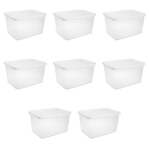 Sterilite Small Storage Bin, 20 Quart Clear Plastic Storage Container with Snap-On Lid, White, Pack of 8