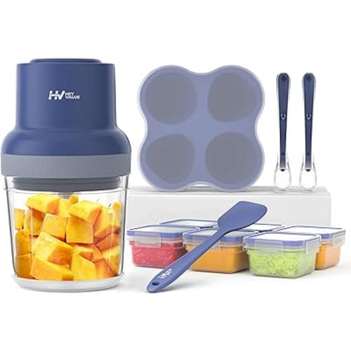 HEYVALUE Baby Food Maker, 13-in-1 Baby Food Processor Sets, Fruit, Vegatable, Meat, Food Puree Blender with Baby Food Containers, Food Freezer Tray, Silicone Spoons, Silicone Spatula (Dark Blue)
