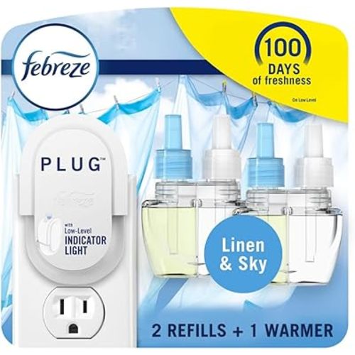 Febreze Plug In Air Fresheners, Linen & Sky Scent, Odor Fighter for Strong Odors, 1 Warmer + 2 Oil Refills- Pack of 2