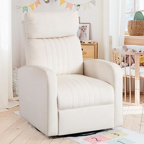 Swivel Glider Rocking Chair, Velvet Swivel Rocker Chair for Nursery, Morden Gliding Nursing Chairs with High Back for Living Room, Bedroom Velvet Beige