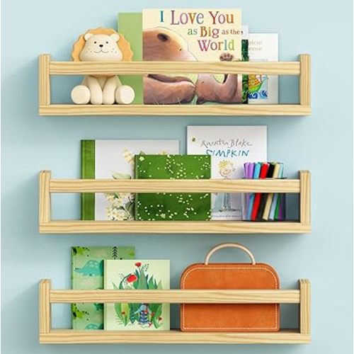 Natural Wood Floating Wall Bookshelf Small Wooden Nursery Book Shelves Set of 3