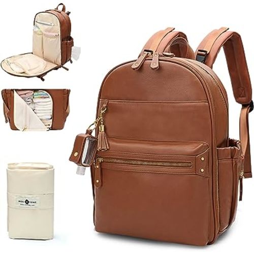 miss fong Diaper Bag, Diaper Bag Backpack, Baby Diaper Bag, Leather Diaper Bag Backpack with Changing Pad & Stroller Strap,Multi-function Large Capacity & Waterproof Travel Backpack, Brown