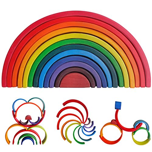 SHIERDU Wooden Rainbow Stacking Toy, 12-Piece Wooden Building Block Set, Wooden Building Block Nesting Puzzle, Early Childhood Matching Education and Learning Montessori Toys 3 4 5 6 Years Old