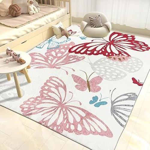 USTIDE Butterflys Kids Rug 55"x78" Washable Area Rug for Girls Bedroom Non-Slip Nursery Rug for Playroom,Ultra Soft Area Rug Floor Play Mat