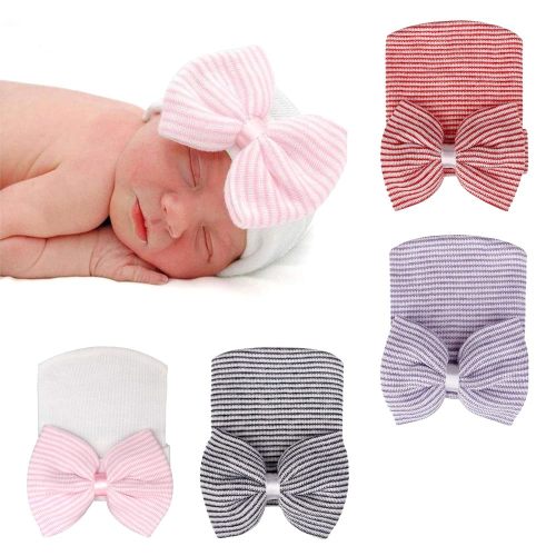 DRESHOW BQUBO 4 Pack Newborn Hospital Hat Infant Baby Hat Cap with Big Bow Soft Cute Knot Nursery Beanie