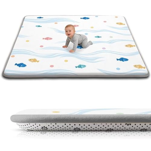 Baby Play Mat for Floor, 1.3-Inch Thickened Foam Soft Padded Coral Velvet Playmat for Tummy Time, 50x50 Water-Repellent Non-Slip Playpen Mat for Toddlers Infant Kids, Cute Little Fish Print